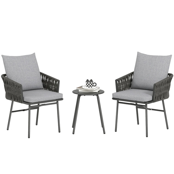 3 Piece Rattan Bistro Set with 4 Cushions, Garden Table and 2 Chairs, Grey