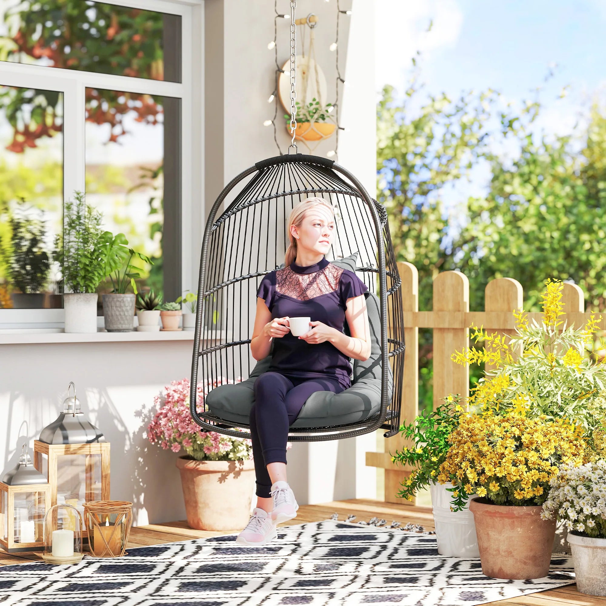 Rattan Egg Swing Chair with 10cm Cushion, 360° Swivel Hook, Foldable Basket and Installation Kit