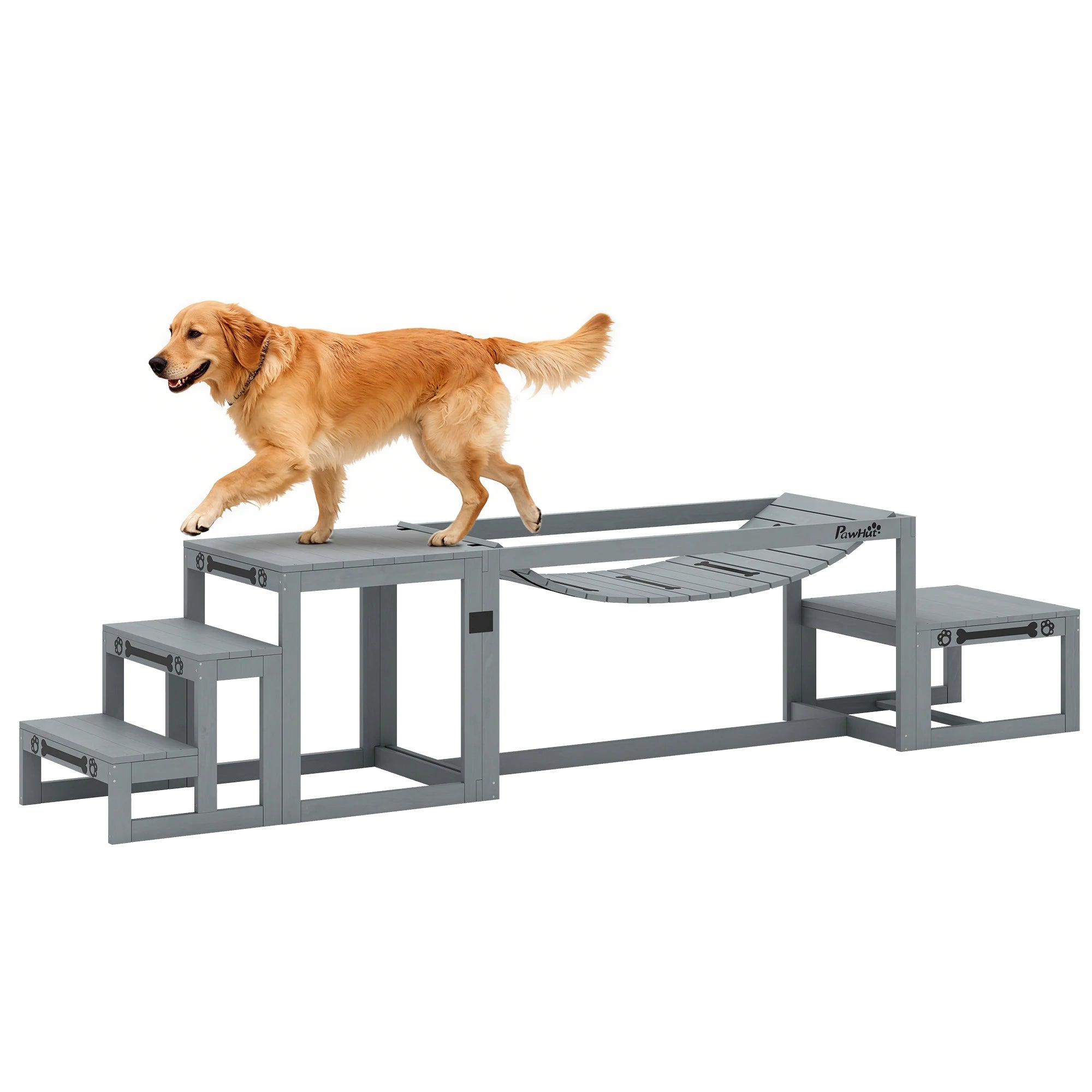 3 Piece Wooden Dog Agility Training Equipment Set with Balance Bridge Pause Platform and Training Stairs for Medium and Large Dogs