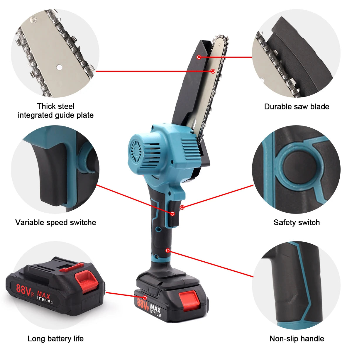 8 Inch Cordless Mini Chainsaw Brushless Motor 1 Battery Lightweight One Hand for Wood Cutting Branch Trimming