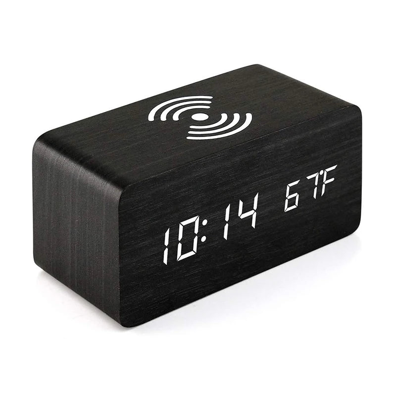 Niditon Wooden LED Alarm Clock with Wireless Charging | Temperature, Date & 3 Alarms