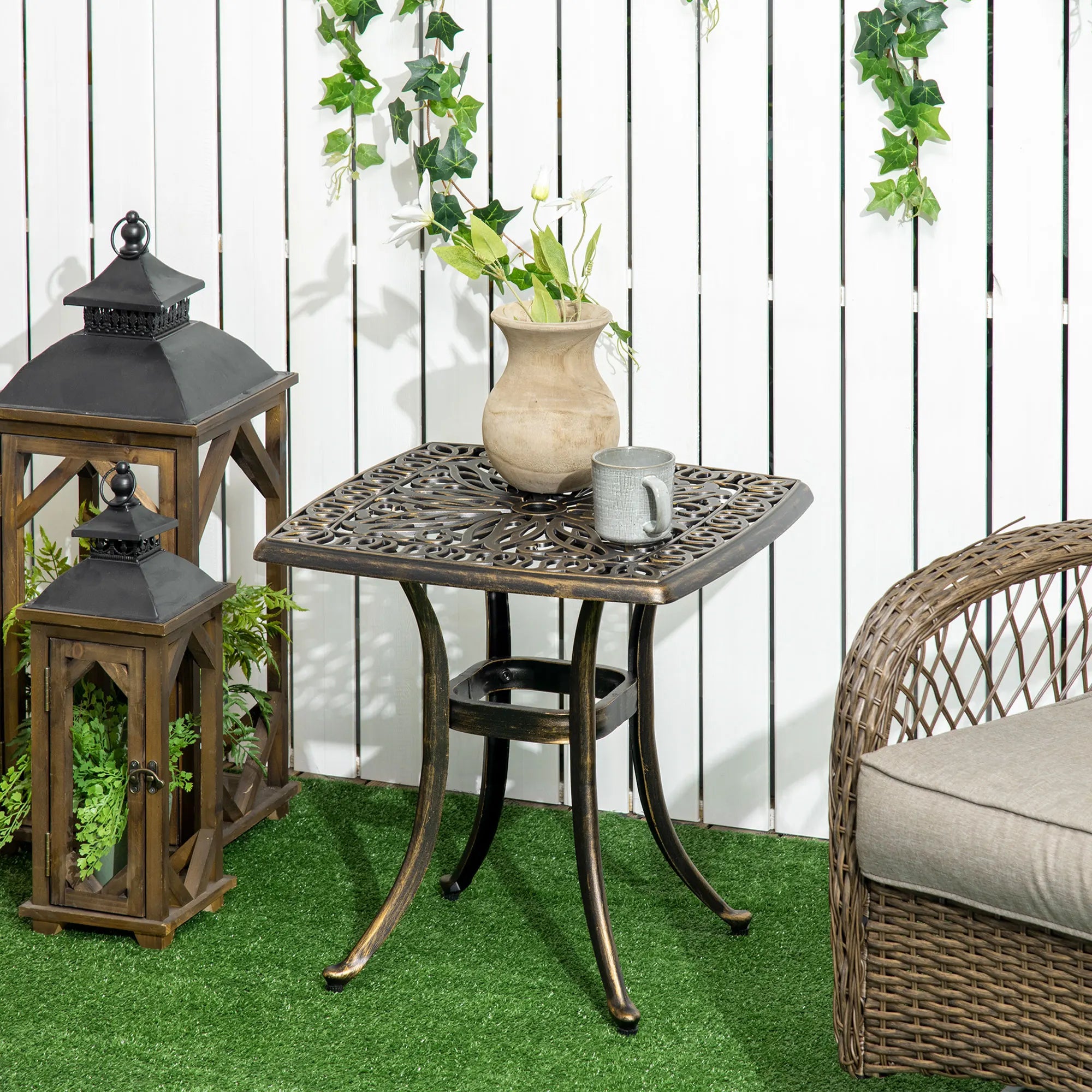 Cast Aluminium Garden Table 54x54cm with Umbrella Hole Outdoor Patio Side Table Bronze Weather Resistant