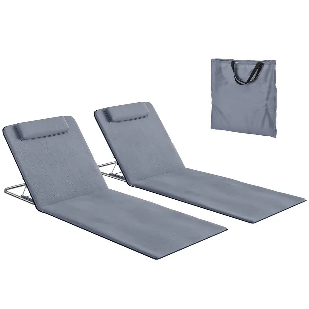 Set of 2 Foldable Beach Chair Mats 5 Position Adjustable Back PE Fabric Head Pillow Metal Frame for Garden Beach
