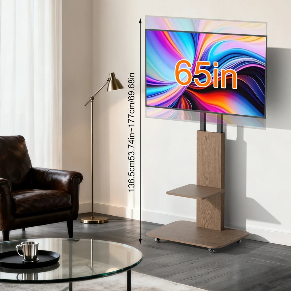 Height Adjustable Rolling TV Stand Cart with Shelf for 40-75 Inch TVs, 80kg Capacity Steel and MDF