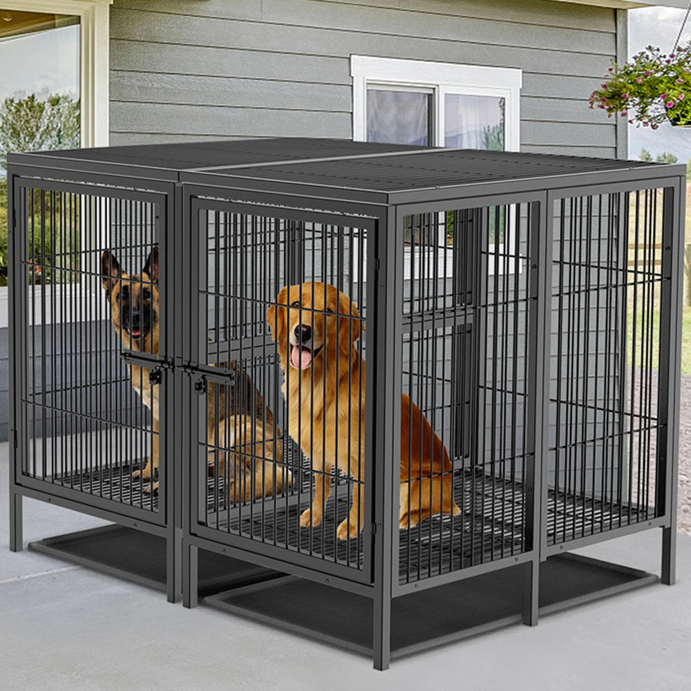 BORWART Heavy Duty Large Dog Crate 130.5x100x100cm Removable Divider Metal Cage for 2 Dogs 150kg