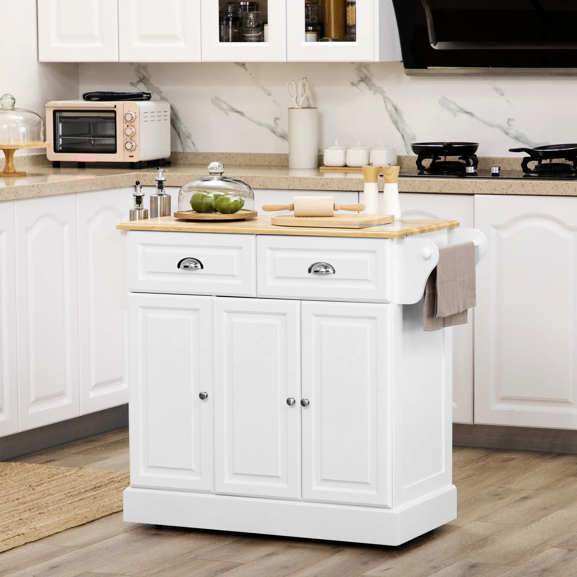 White Kitchen Island with Wooden Countertop, 2 Drawers, Cabinets, Towel Rail and Spice Rack | 110cm Storage Trolley