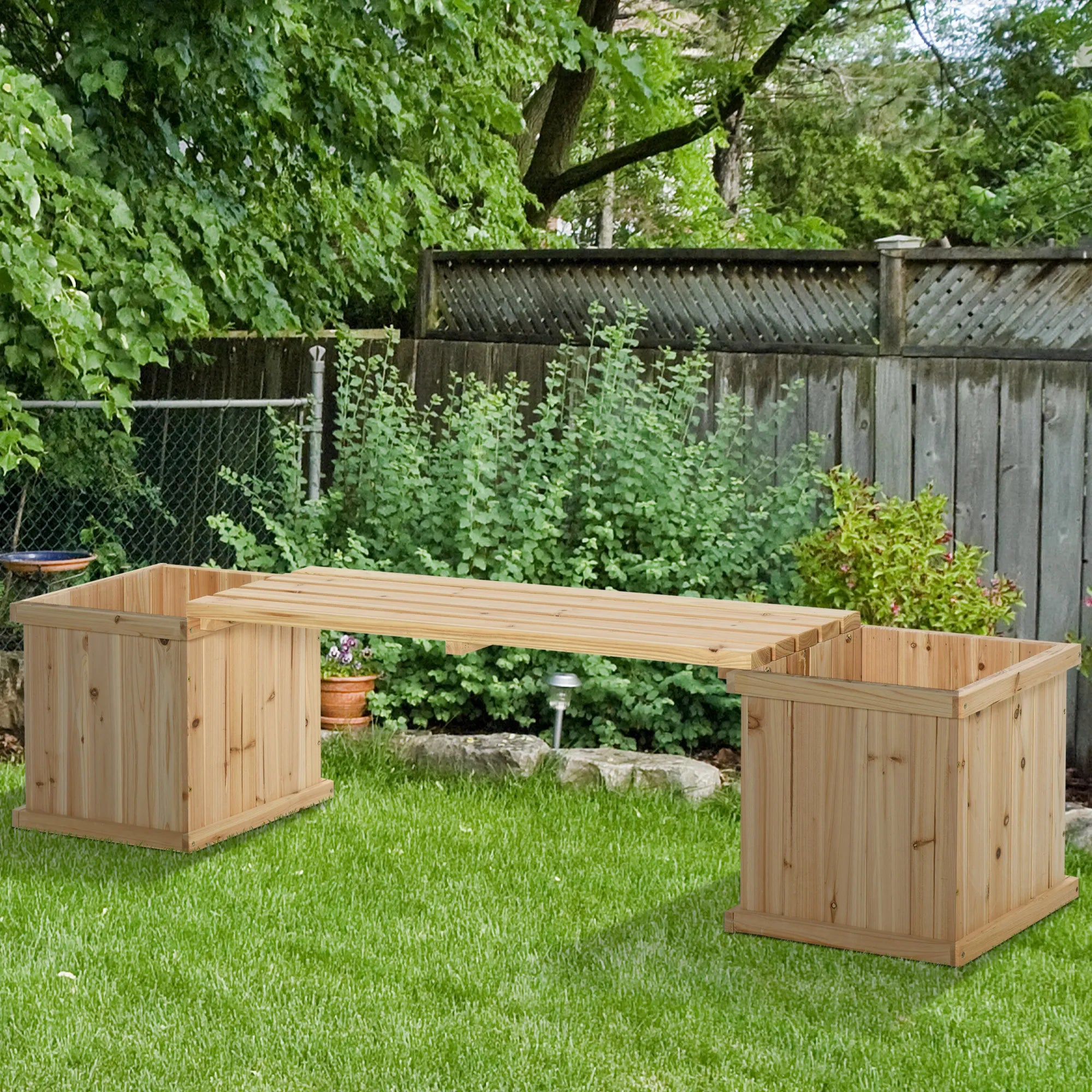 Wooden Garden Planter and Bench Combination Raised Bed with Drainage Holes and Non-Woven Lining for Outdoor Growing