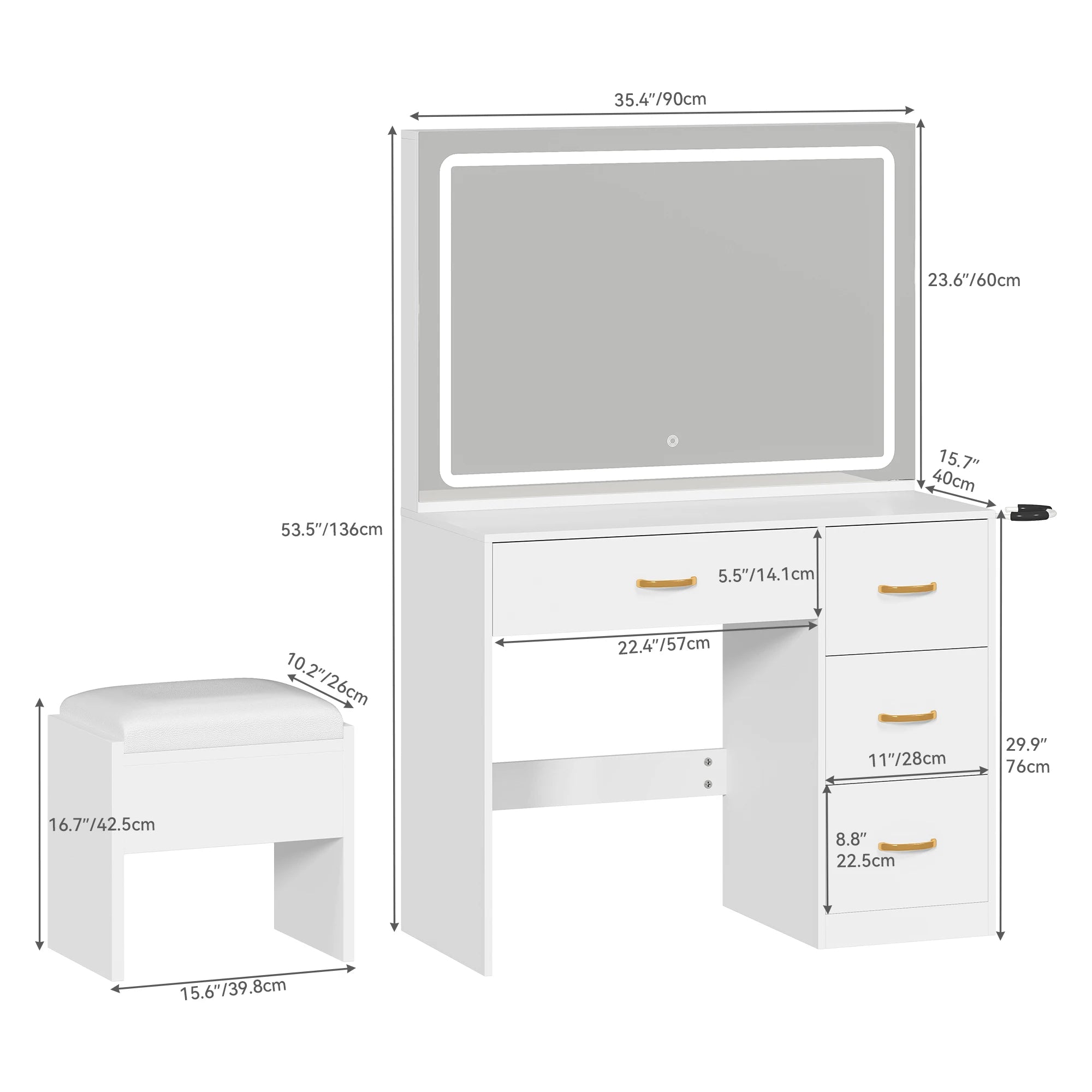 Dressing Table Set with LED Mirror Stool Drawers and Power Outlet Vanity Desk