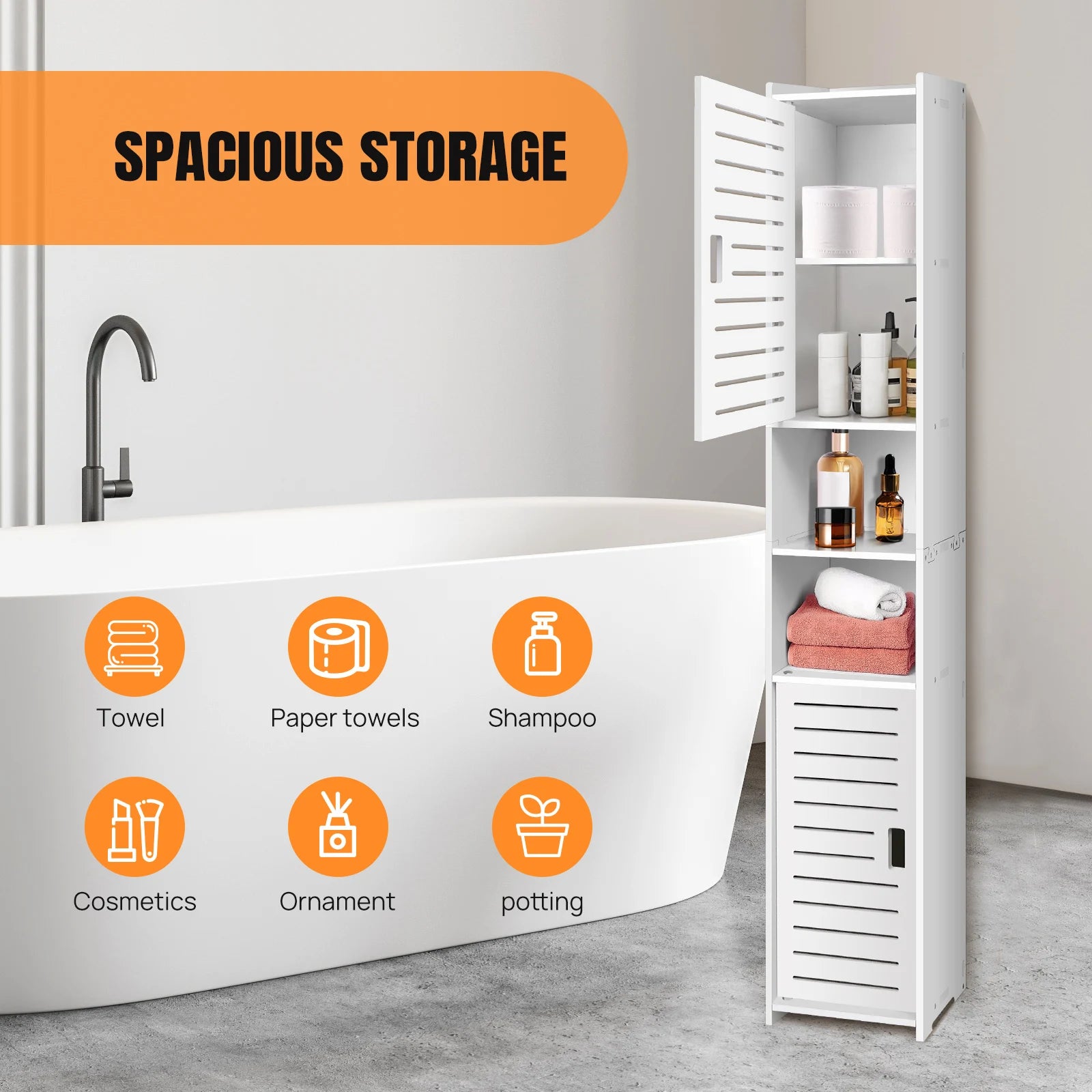 Tall White PVC Bathroom Cabinet 116cm with 2 Doors and 5 Tiers | Freestanding Waterproof Floor Storage Unit