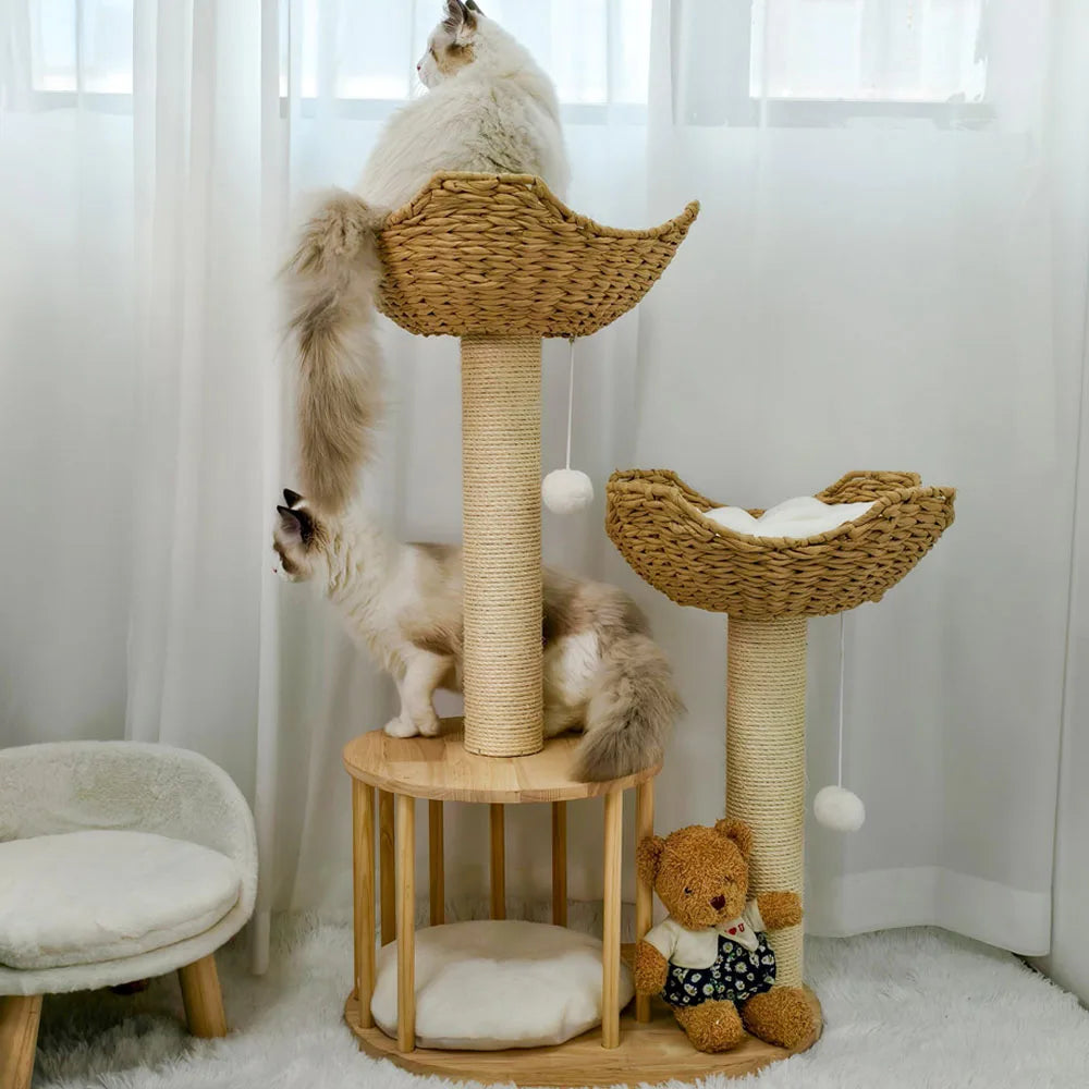 BORWART 3 Tier Cat Tree 99cm Wide Base Large Baskets Padded Perches Sisal Scratching Post Hanging Toy
