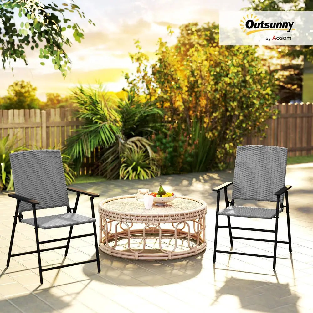 Set of 2 Folding PE Rattan Garden Dining Chairs with Armrests High Back Steel Frame 58x61x94cm Outdoor