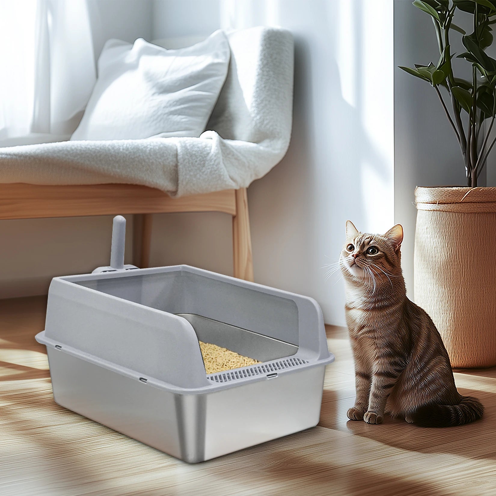 Stainless Steel Large Cat Litter Box Semi-Closed 60x40x27.7cm Odor Proof Scoop Small Medium Kittens