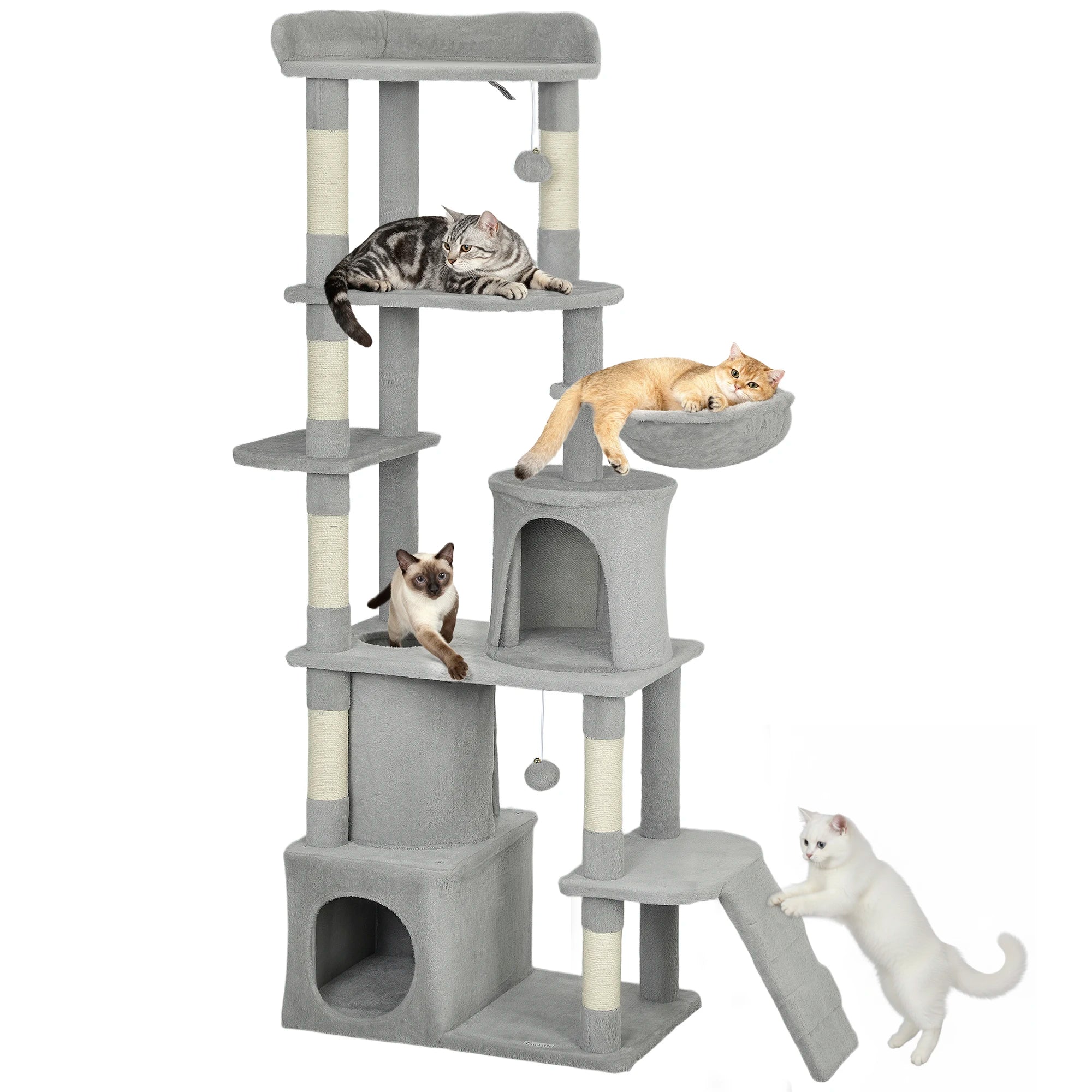 PawHut 170cm Large Cat Tree Tower 7 Scratching Posts Condos Hammock Tunnel Light Grey