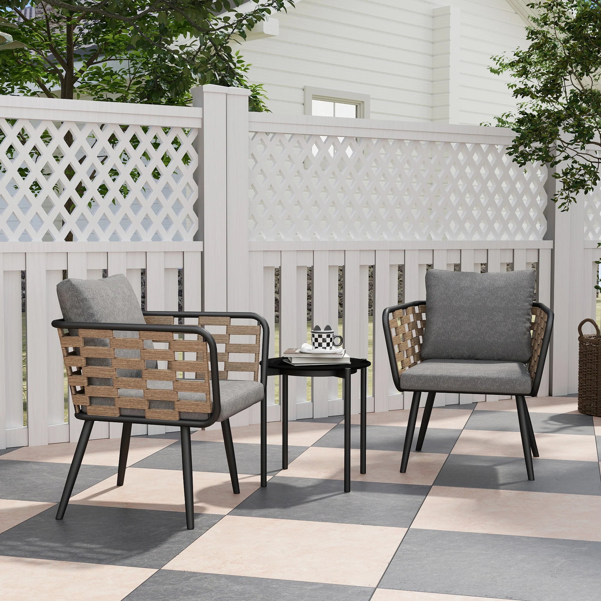 3-Piece Rattan Bistro Set with Cushioned Chairs and Tempered Glass Coffee Table