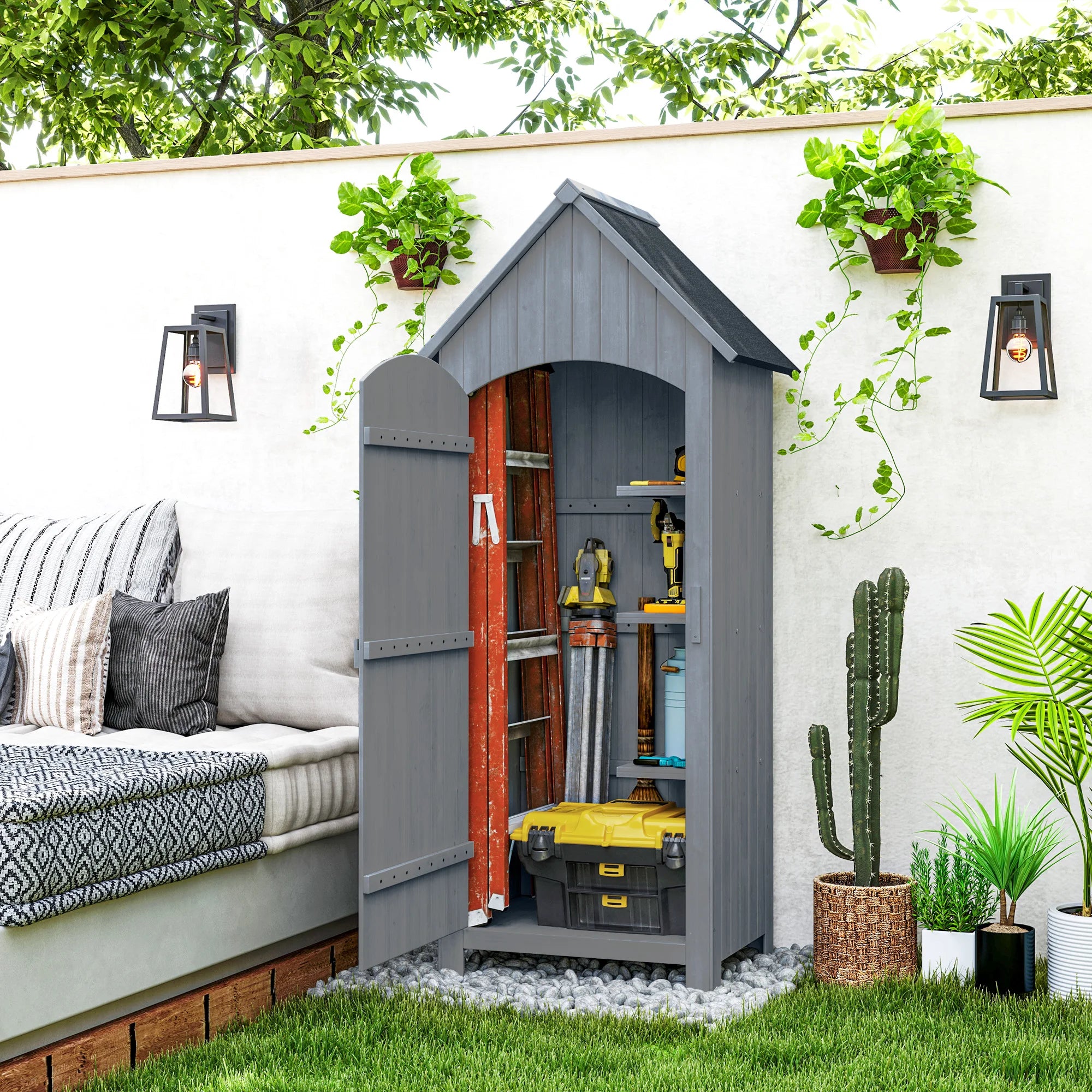 Wooden Garden Storage Shed with 3 Shelves, Tilt Bitumen Roof and Lockable Door