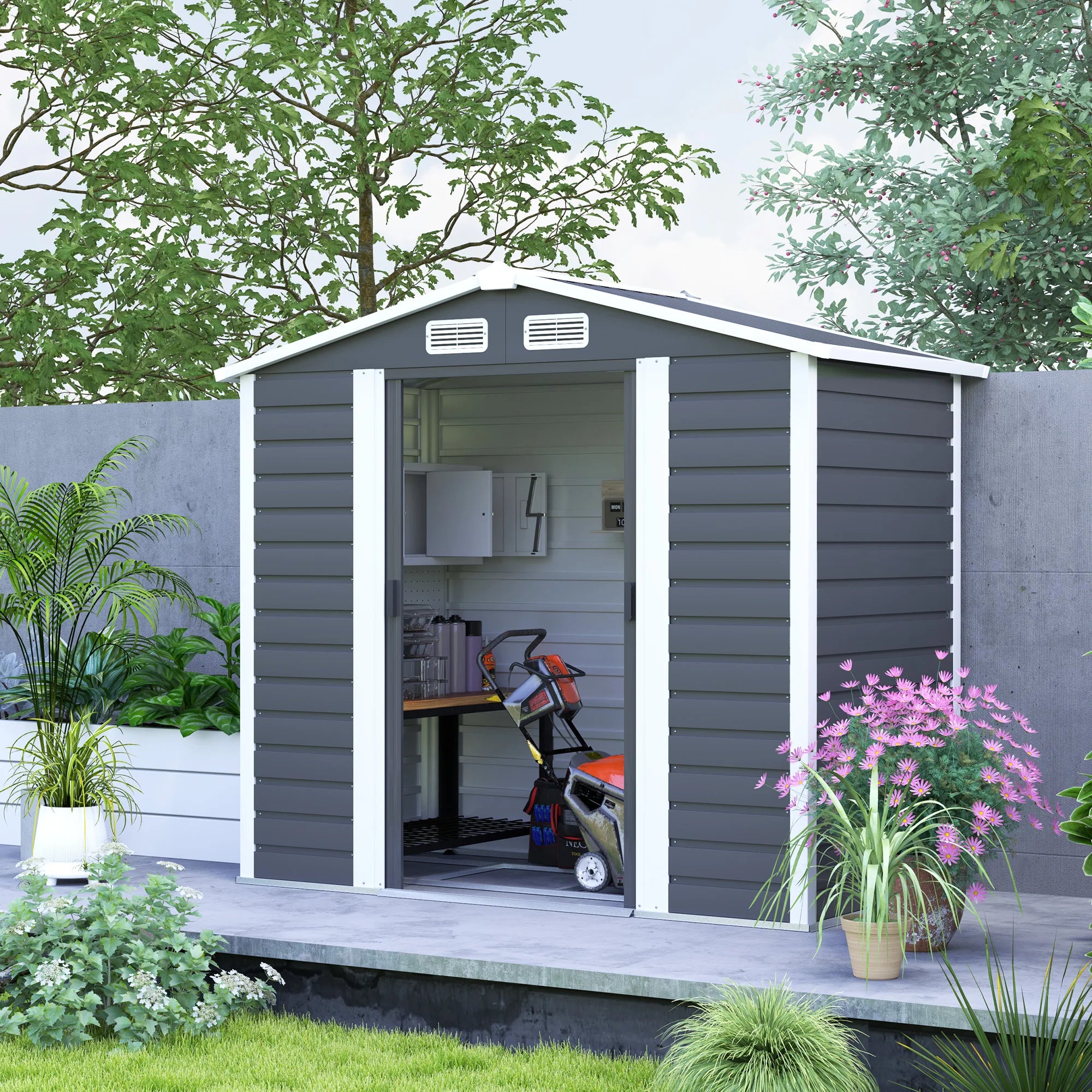 7 x 4ft Galvanised Metal Garden Storage Shed with Double Sliding Doors, Apex Roof and Ventilation