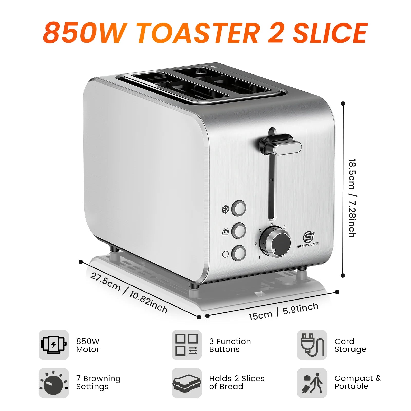 2 Slice Compact Toaster 850W Stainless Steel with 7 Browning Settings Defrost Reheat Function and Removable Crumb Tray