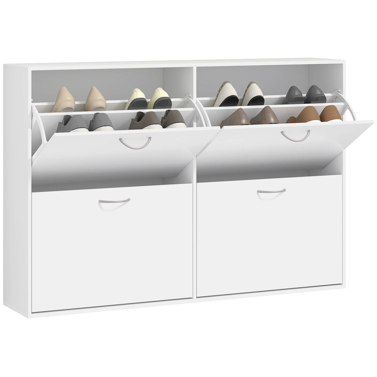 Wooden Shoe Cabinet with 4 Flip Down Drawers, Holds 16-24 Pairs, 120 x 24 x 81 cm, White