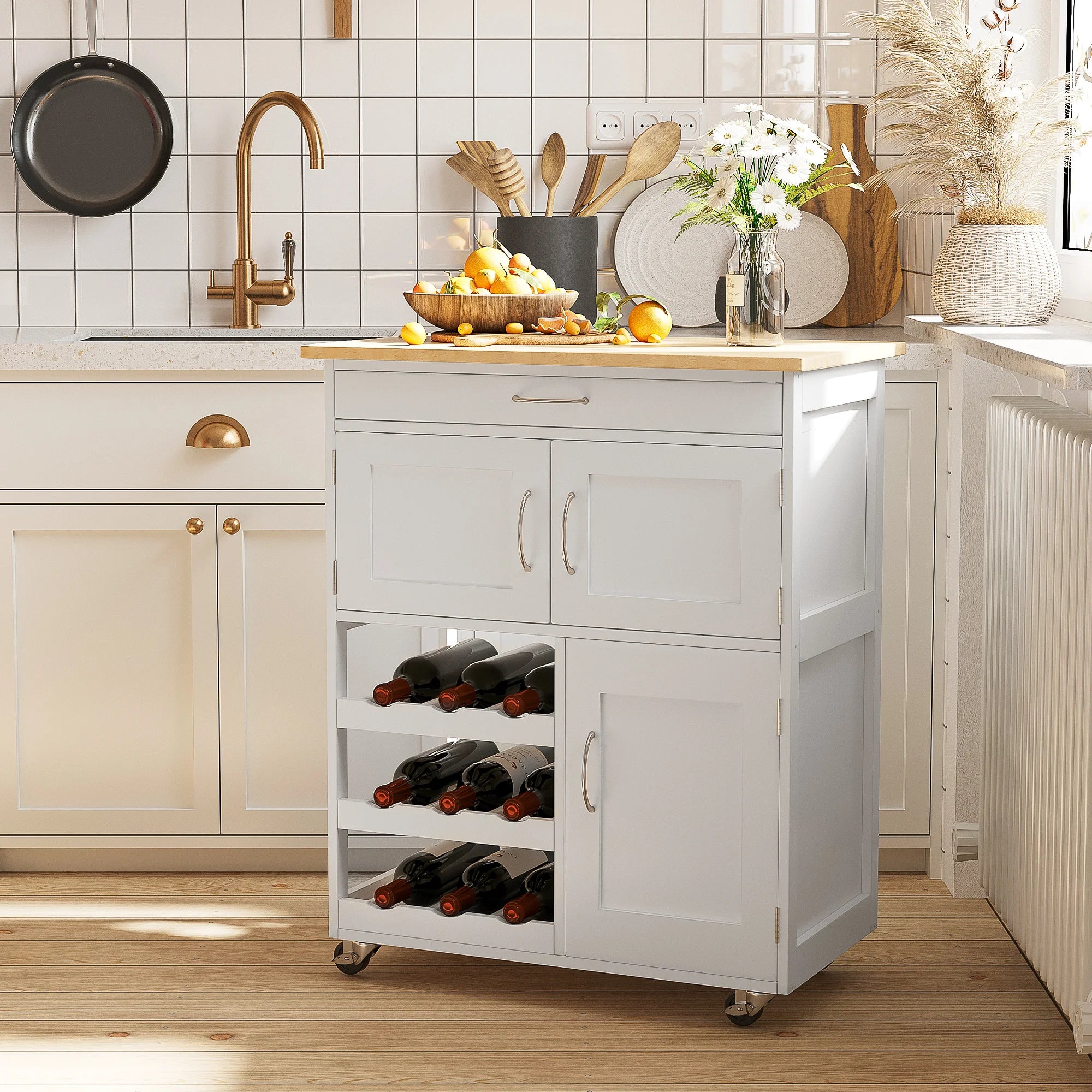 White Rolling Kitchen Island Trolley with Rubberwood Top and Wine Rack | Storage Cart with Drawer and Cabinets on Wheels