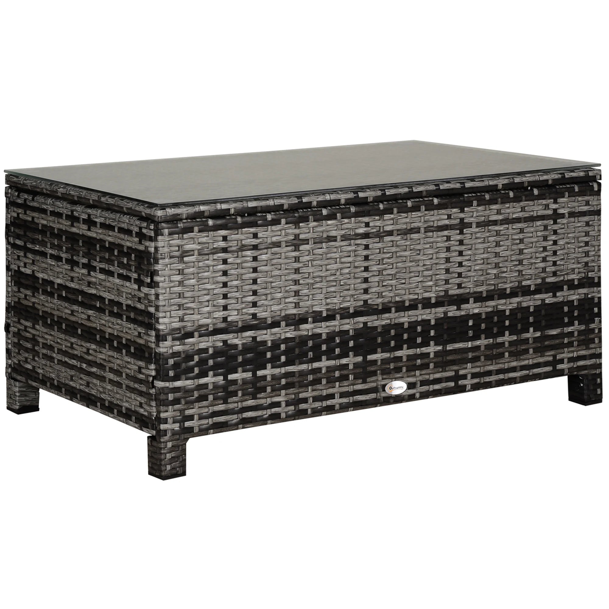 Rattan Outdoor Coffee Table with Glass Top Rectangular Garden Patio Table Grey