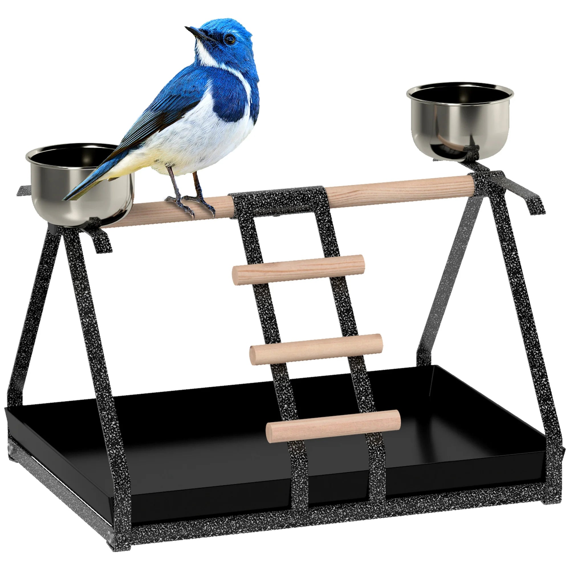 Portable Bird Stand with Stainless Steel Base Wood Perch Ladder and Two Feeding Bowls for Parrots and Macaws