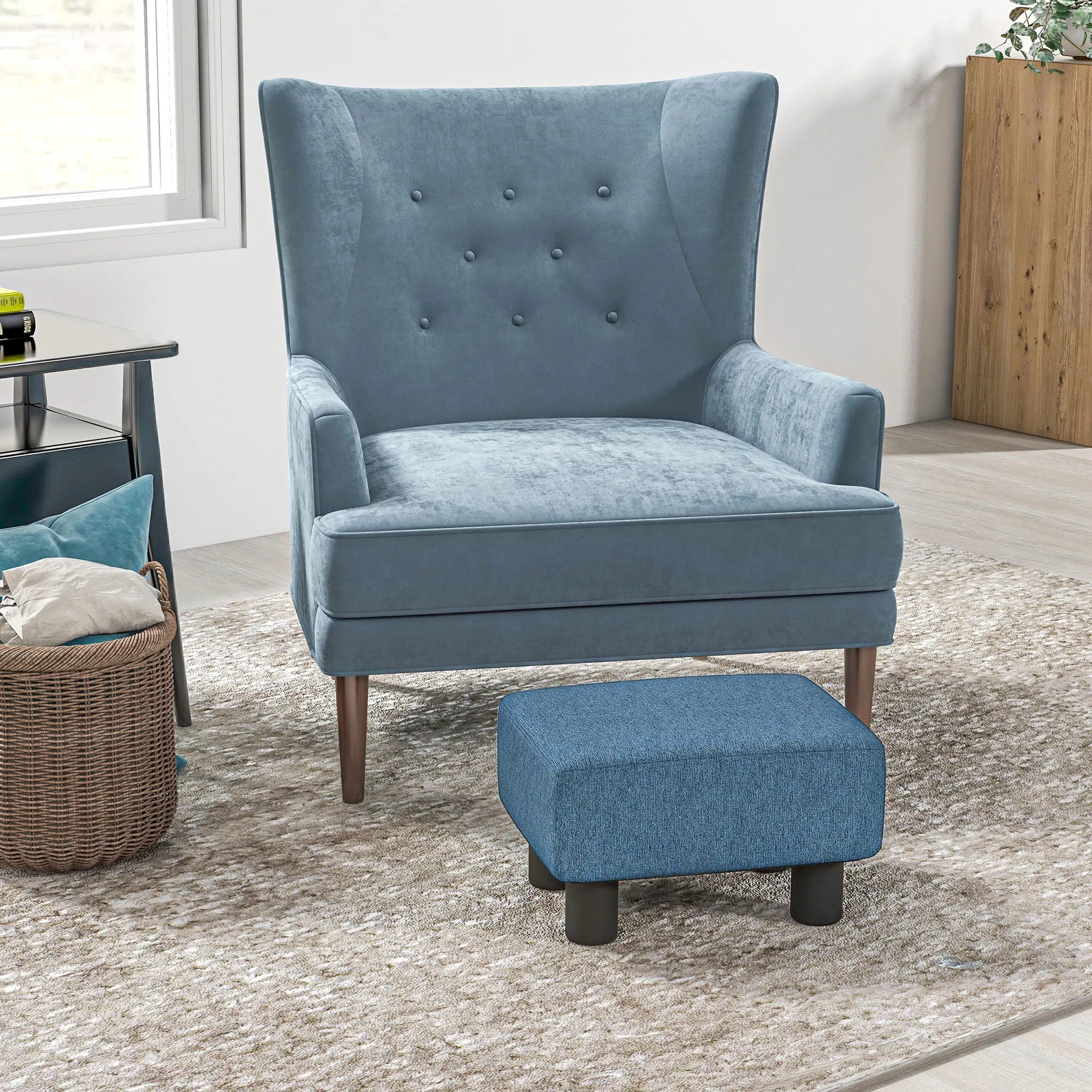 Blue Linen Cube Footstool Ottoman with Plastic Legs | Compact Foam Padded Foot Rest for Living Room