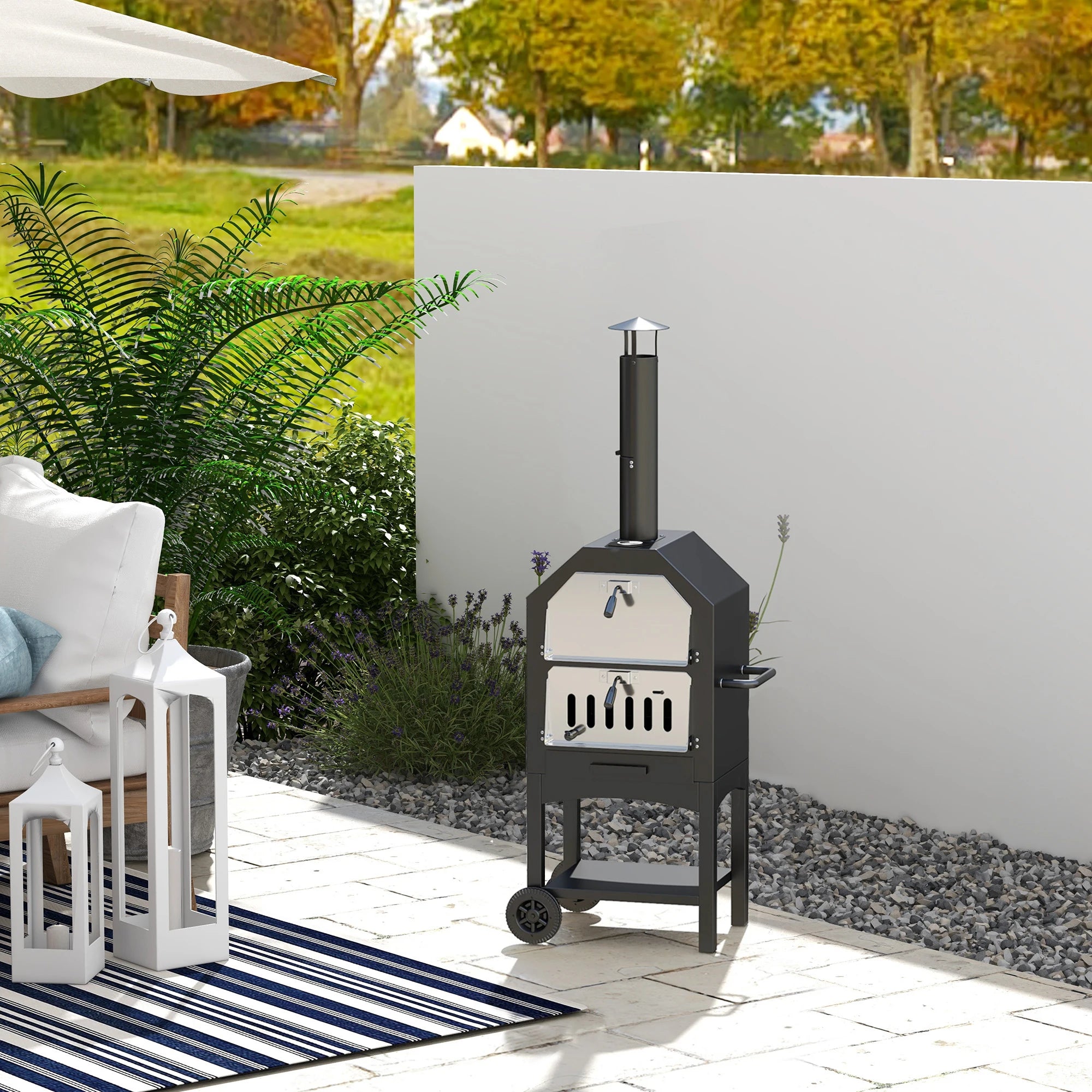 Charcoal Pizza Oven Outdoor BBQ Grill with Thermometer 3 Tier Design Chimney and Wheels for Garden Patio
