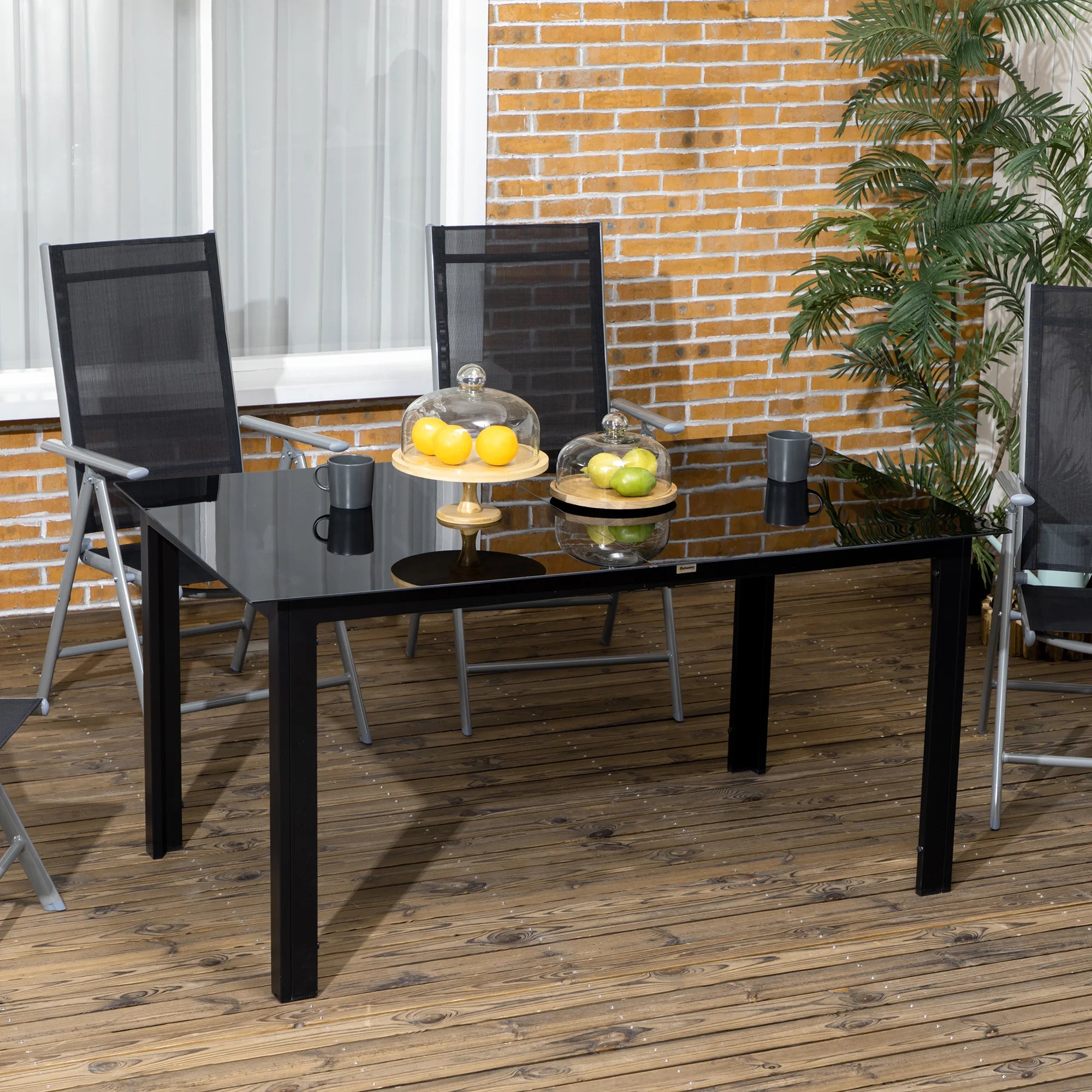 6 Seater Outdoor Dining Table 150x90cm Aluminium Frame Tempered Glass Top Garden Patio Table Black
