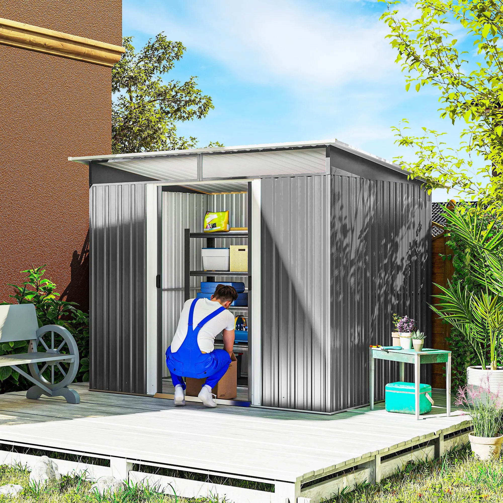 8.5 x 6ft Metal Garden Storage Shed with Skylight Panels, Sliding Lockable Doors and Ventilation