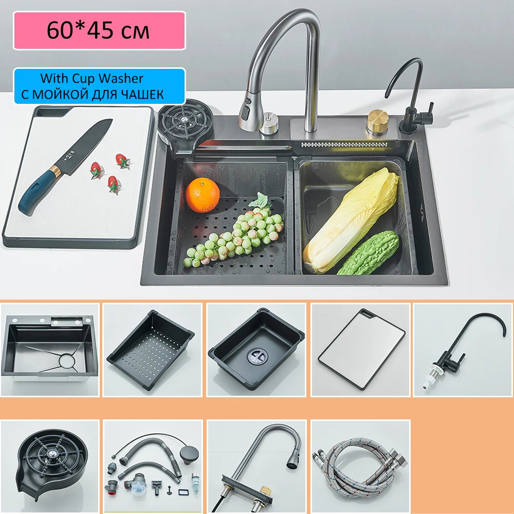 60 x 45cm Stainless Steel Single Bowl Kitchen Sink with Waterfall Faucet and Cup Washer, Above Counter