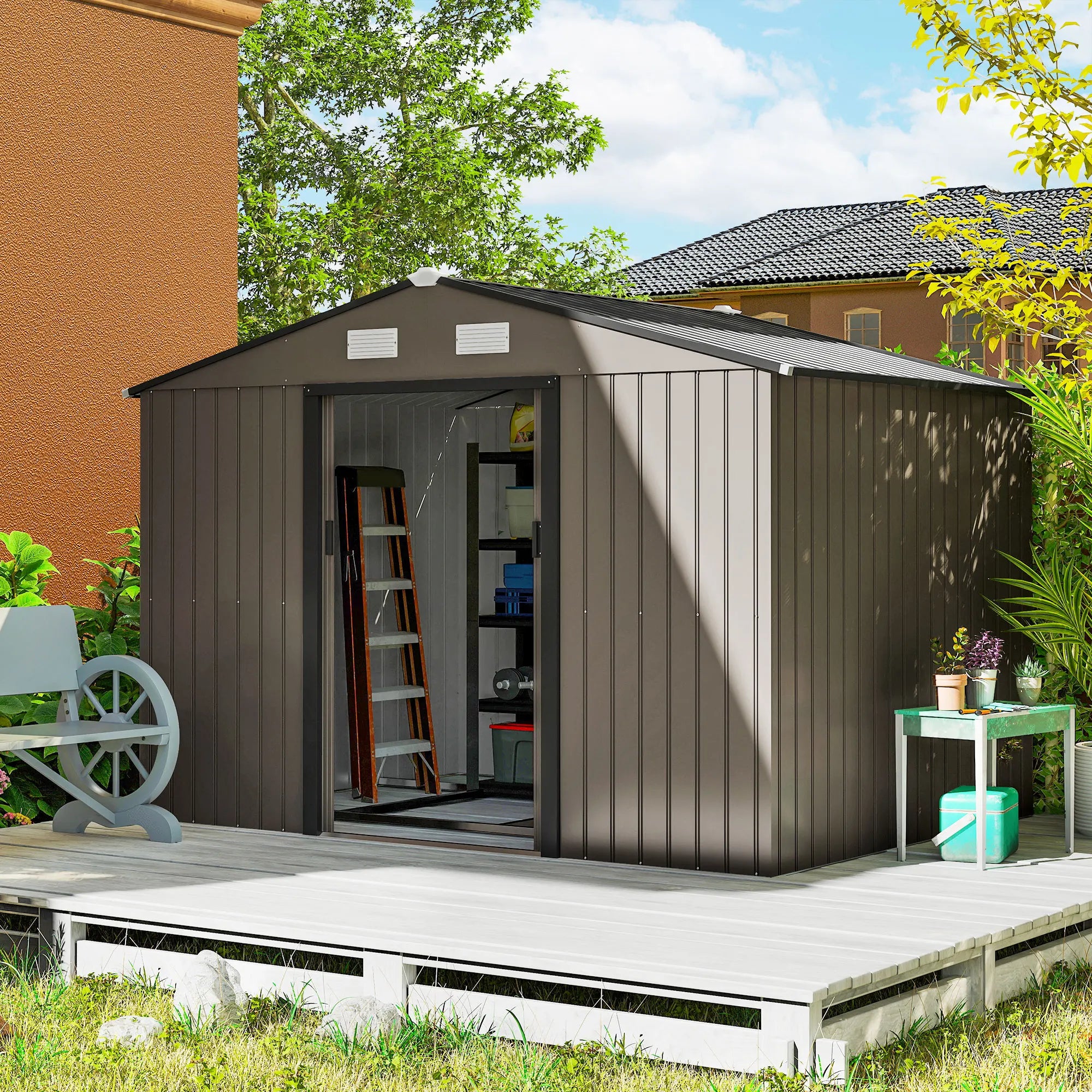 9 x 6ft Galvanised Metal Garden Shed with Double Sliding Lockable Doors, Foundation Kit and Ventilation