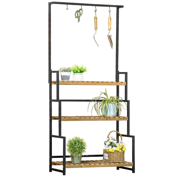3 Tier Tall Plant Stand with Top Hanging Hooks Slatted Fir Wood Shelves Metal Frame 20kg Black and Natural