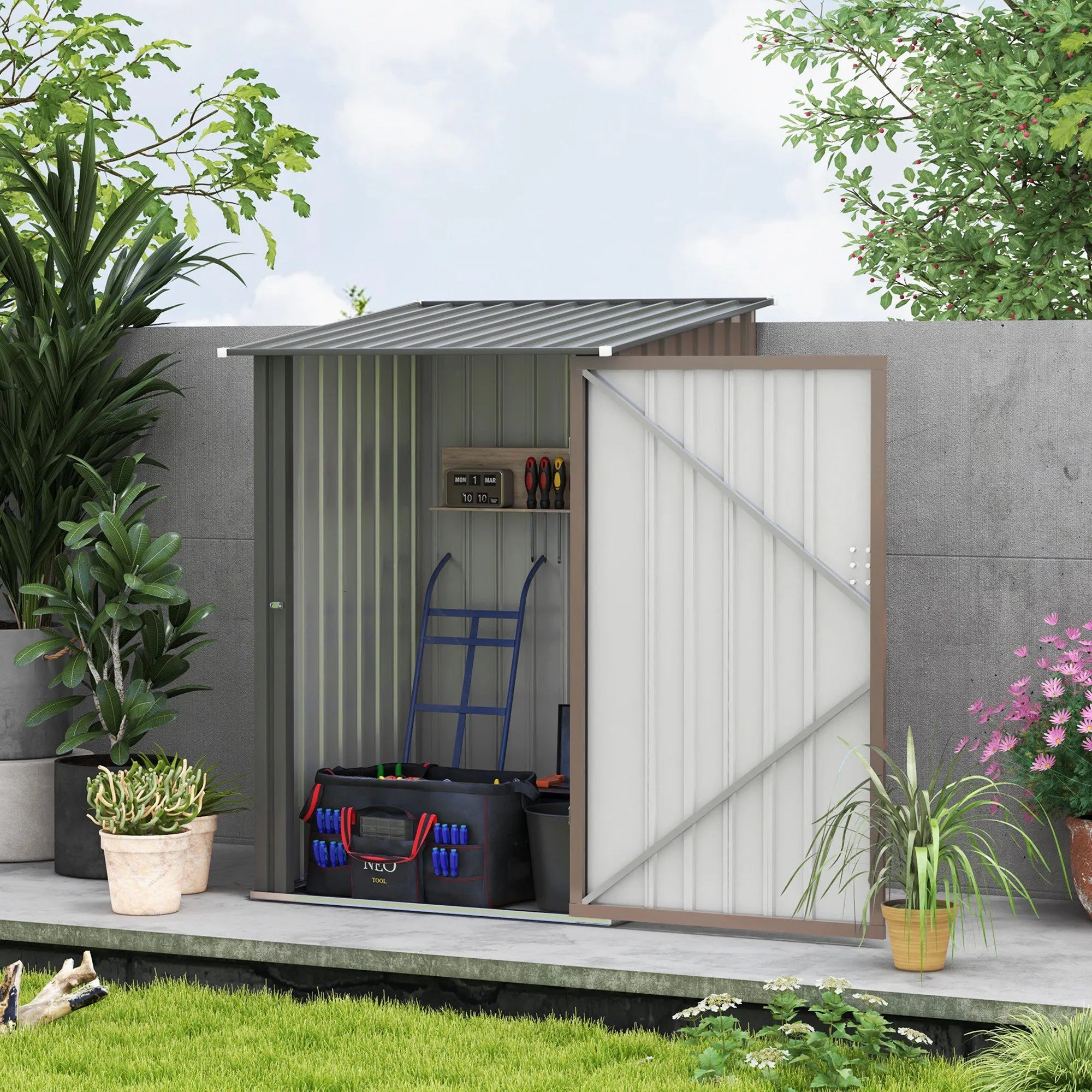 3.3 x 3.4ft Galvanised Metal Lean-To Garden Storage Shed with Lockable Latched Door