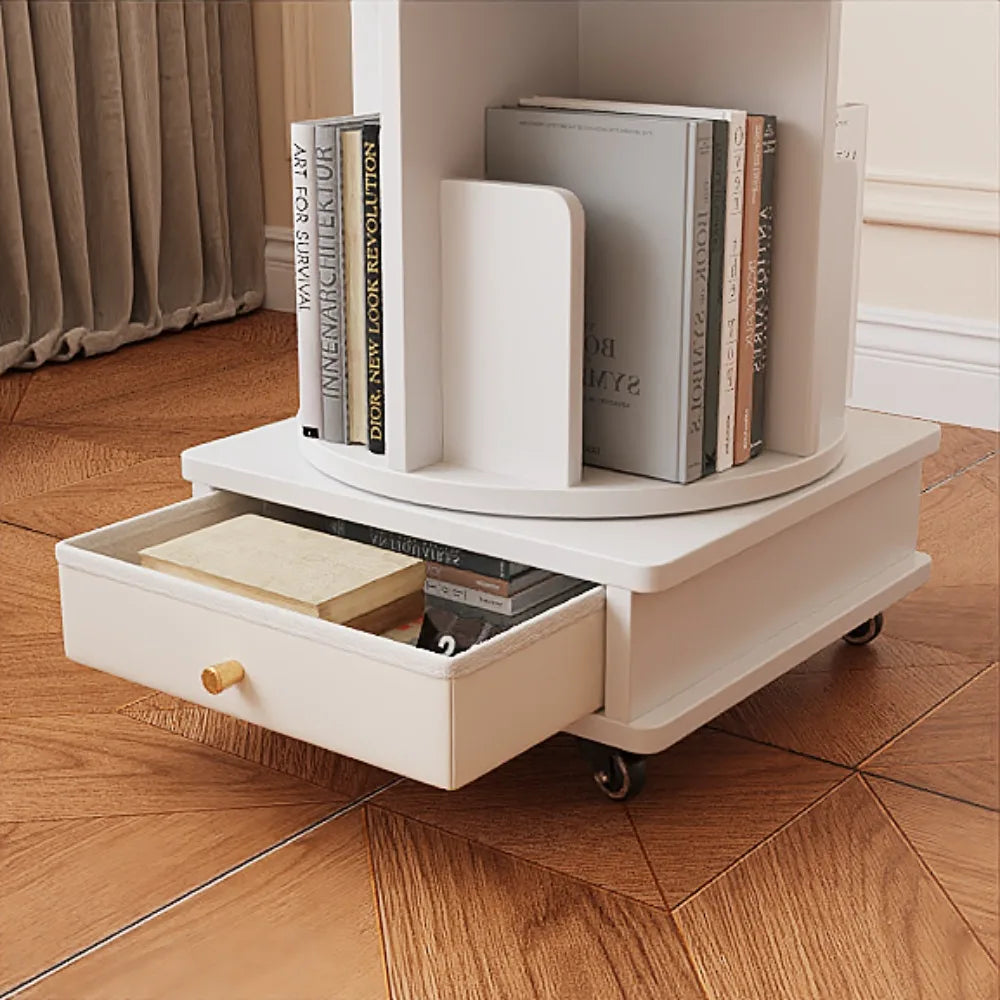 360° Rotating Bookshelf with 4 Tiers and Bottom Drawer | 145cm White Floor Standing Storage Shelf on Wheels