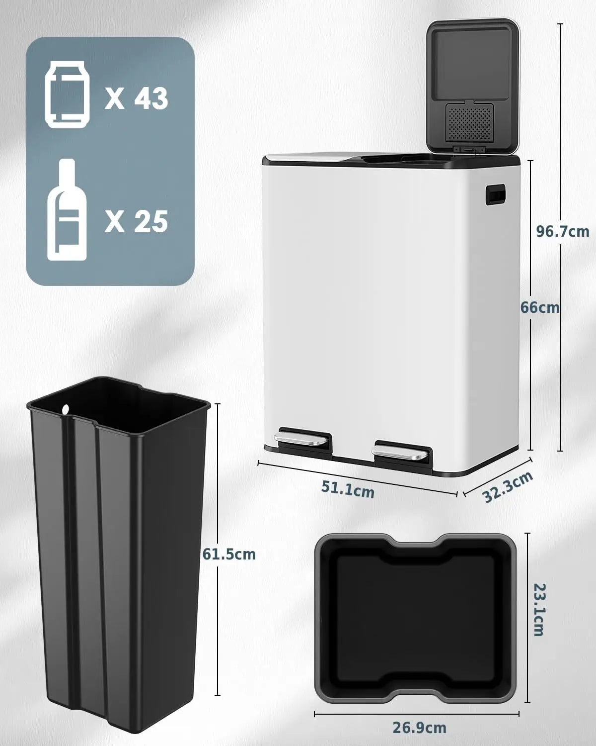 60L Double Pedal Bin Waste Separation Trash Can with Odour Filter Stainless Steel