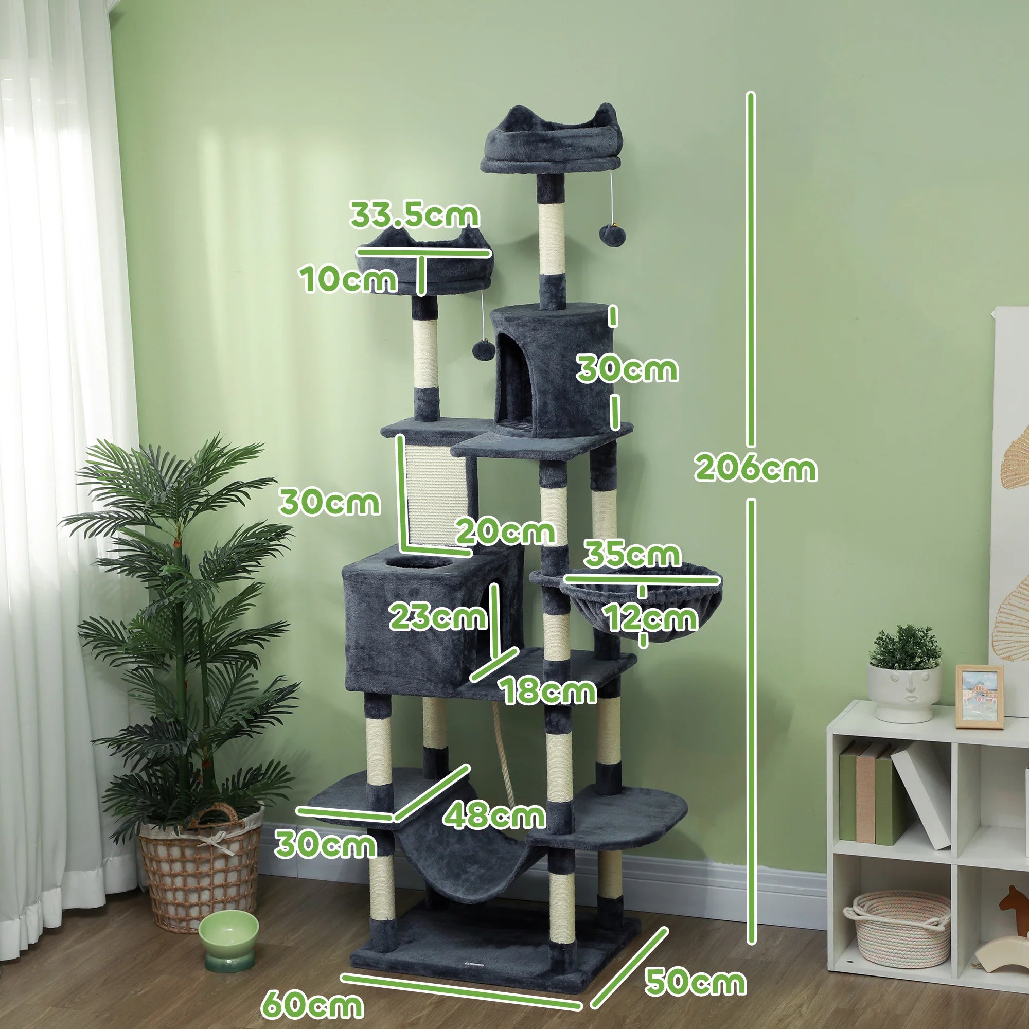 PawHut 206cm Large Cat Tree Scratching Posts Beds Condos Toys Dark Grey