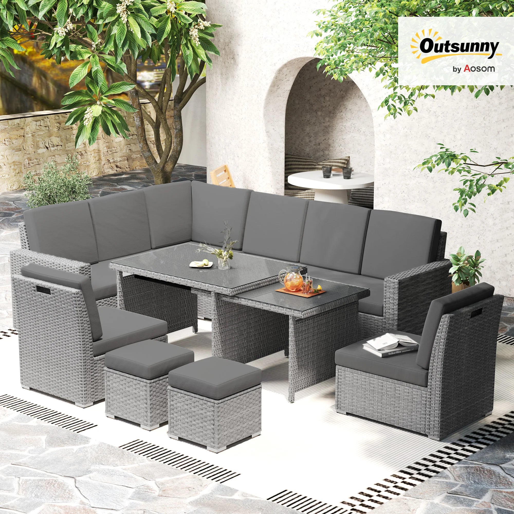 10 Seater Rattan Dining Set with Expandable Table Nesting Chairs Corner Sofa and Cushions for Garden Patio
