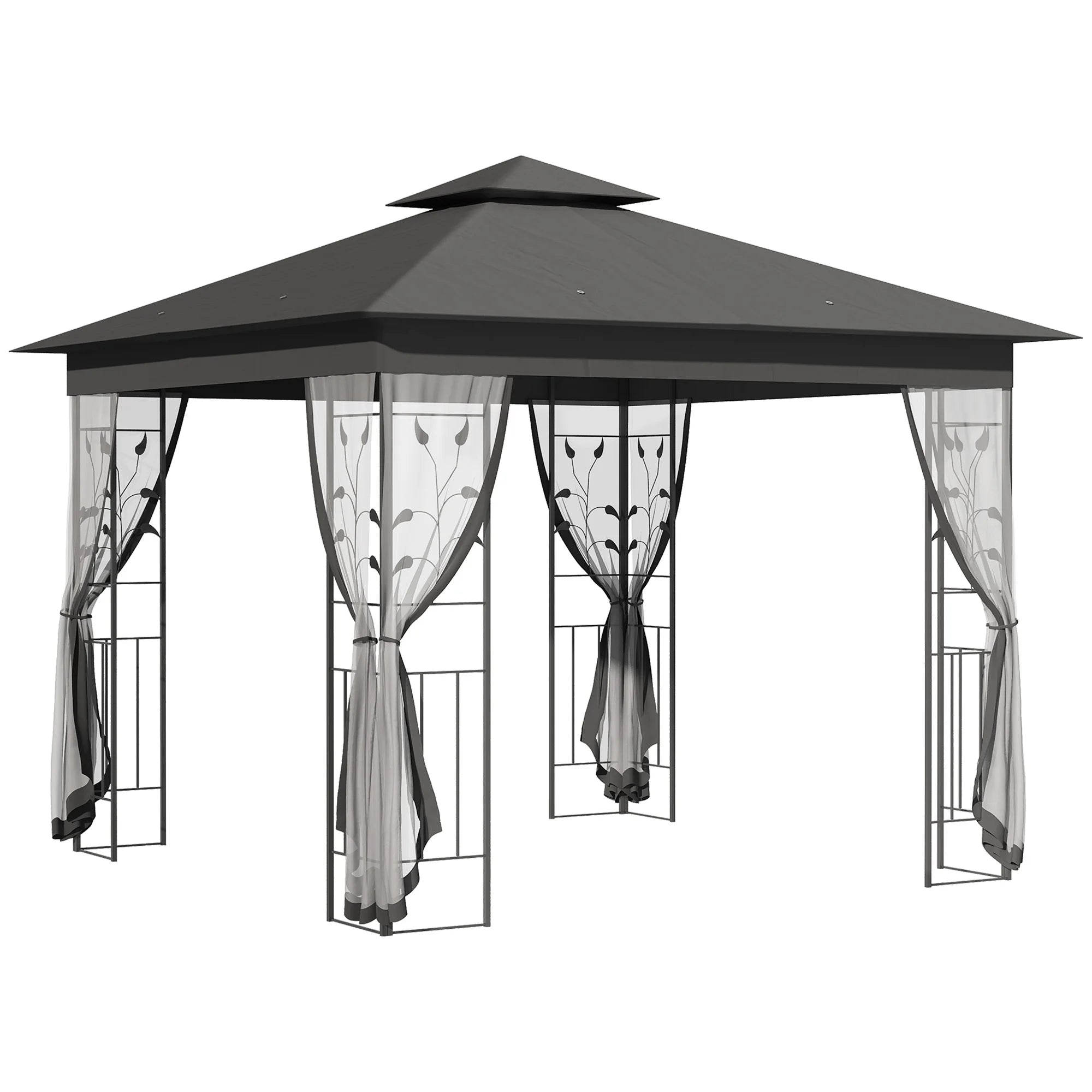 3 x 3m Double Roof Garden Gazebo with Mesh Curtains, Mosquito Netting, Ground Stakes and Steel Frame