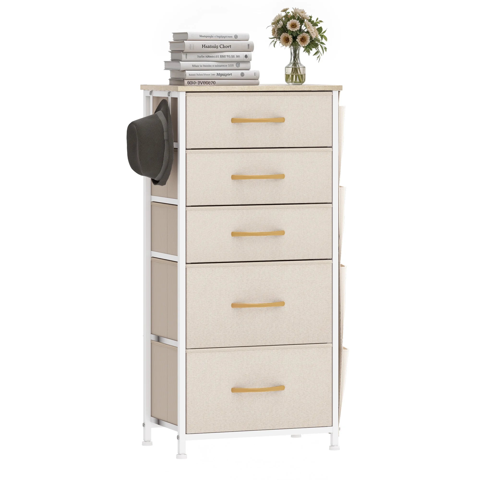 5 Drawer Fabric Dresser with Side Pockets and Hooks Metal Frame Storage Organizer