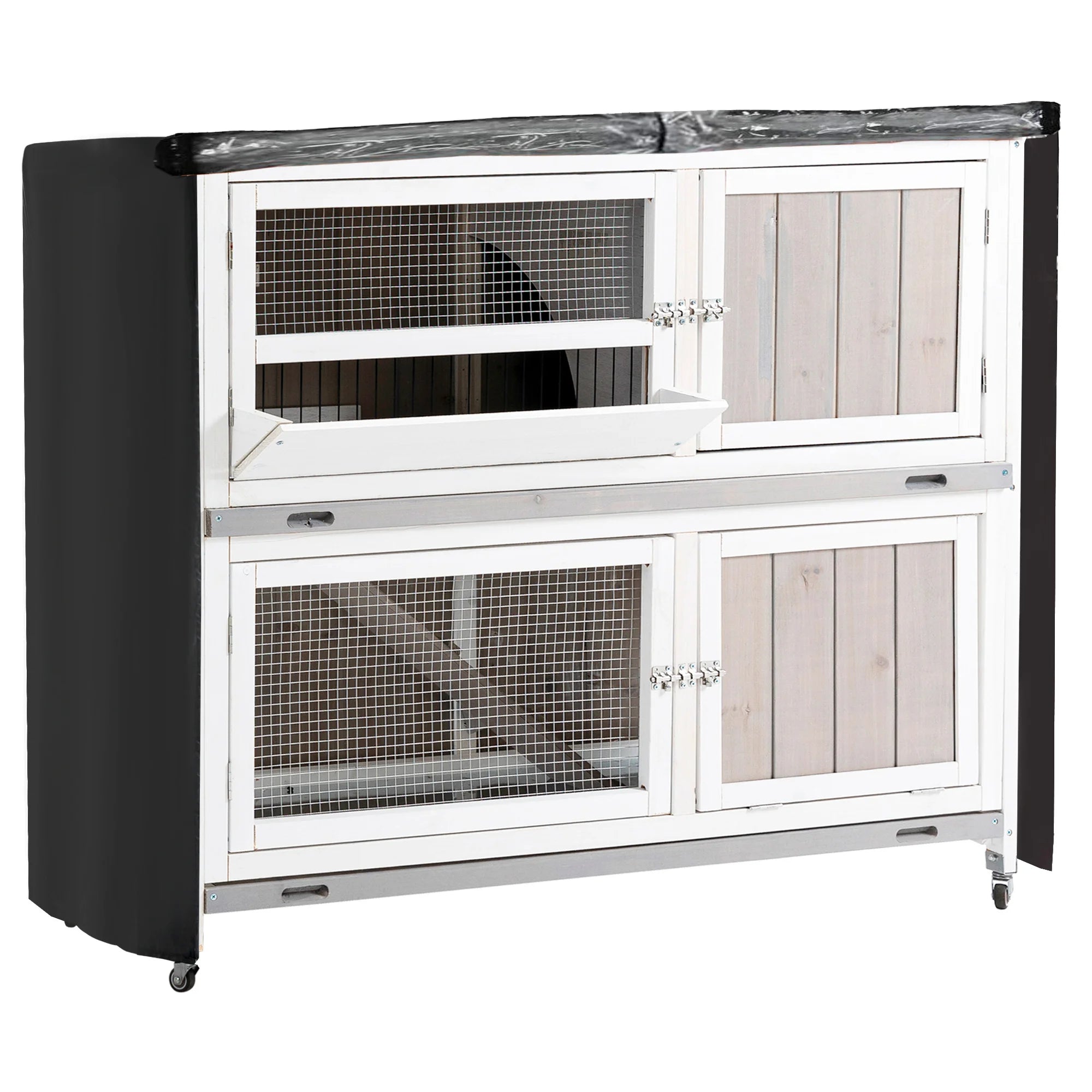 Two Tier Wooden Rabbit Hutch with Wheels Rain Cover Feeding Trough Ramp and Slide-Out Tray for 2-4 Rabbits