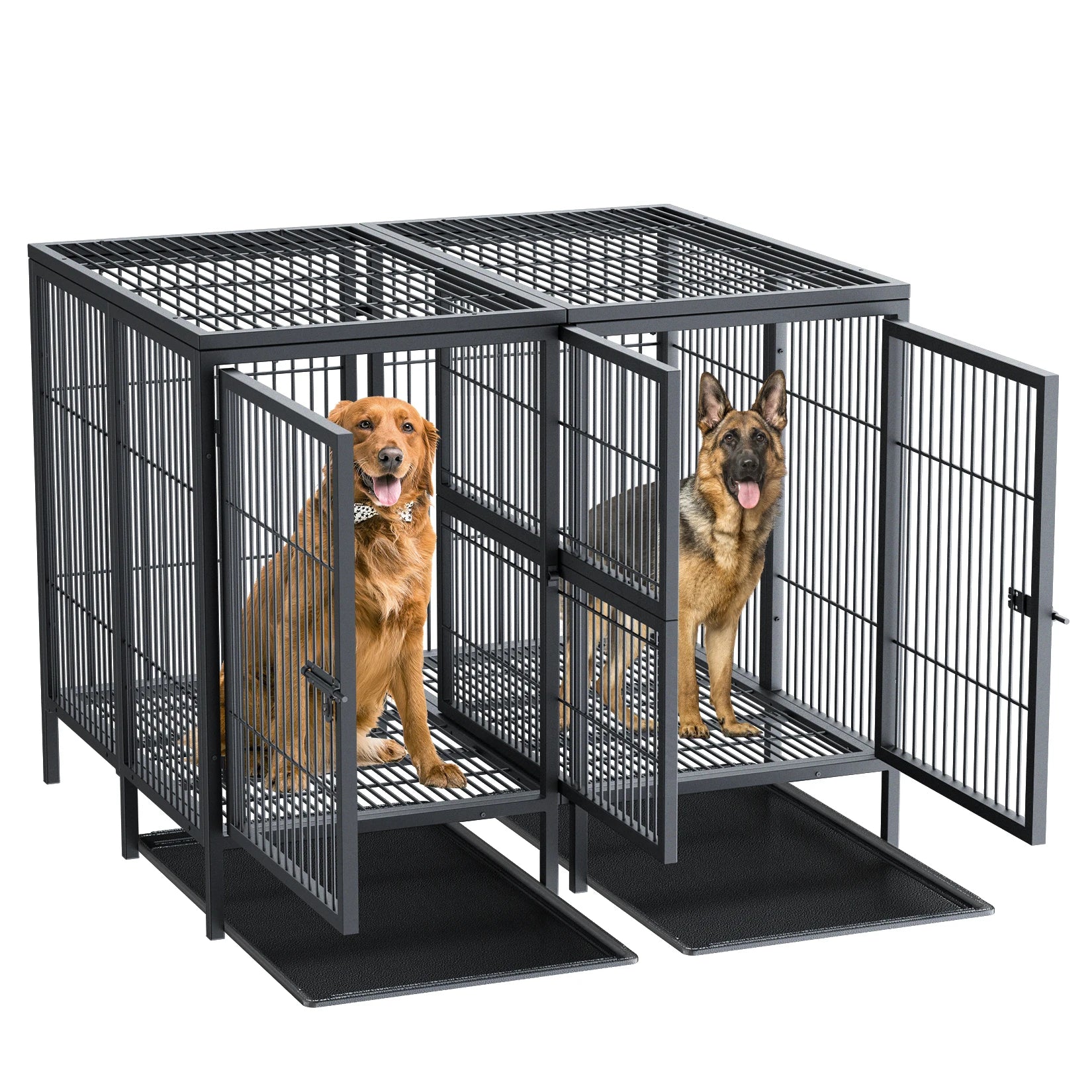 BORWART Heavy Duty Large Dog Crate 130.5x100x100cm Removable Divider Metal Cage for 2 Dogs 150kg