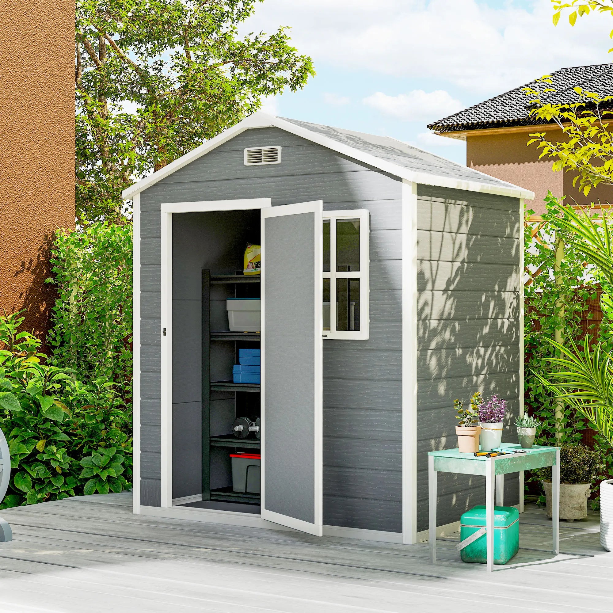 6 x 4ft Plastic Garden Shed with Floor, Window, Lockable Door and Dual Vents - Wood Effect Finish