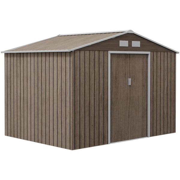 9 x 6ft Metal Garden Shed, Outdoor Storage Tool House with Ventilation Slots, Foundation Kit, Light Brown