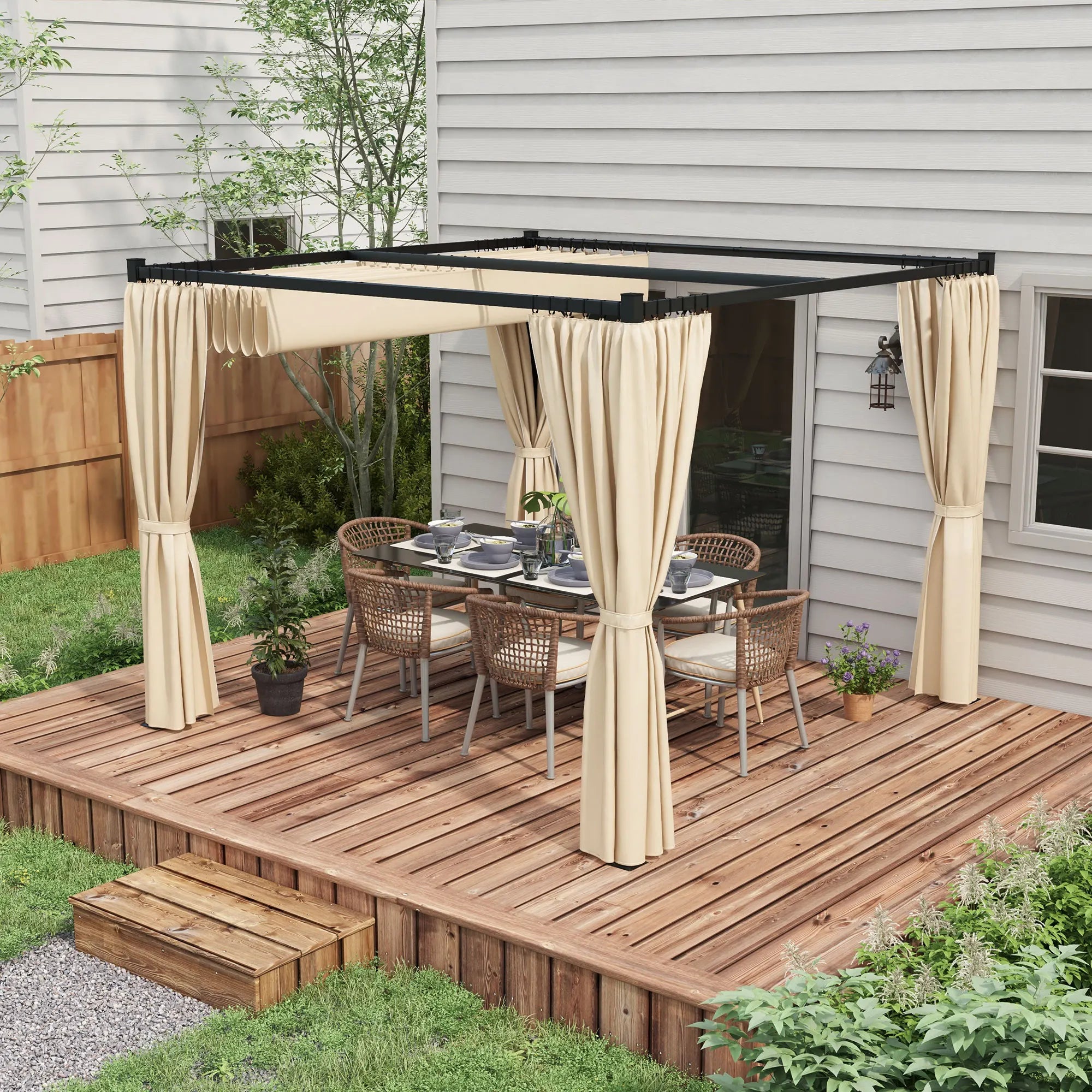 3 x 3m Metal Pergola with Retractable PU-Coated Canopy, Privacy Curtains and Ground Stakes