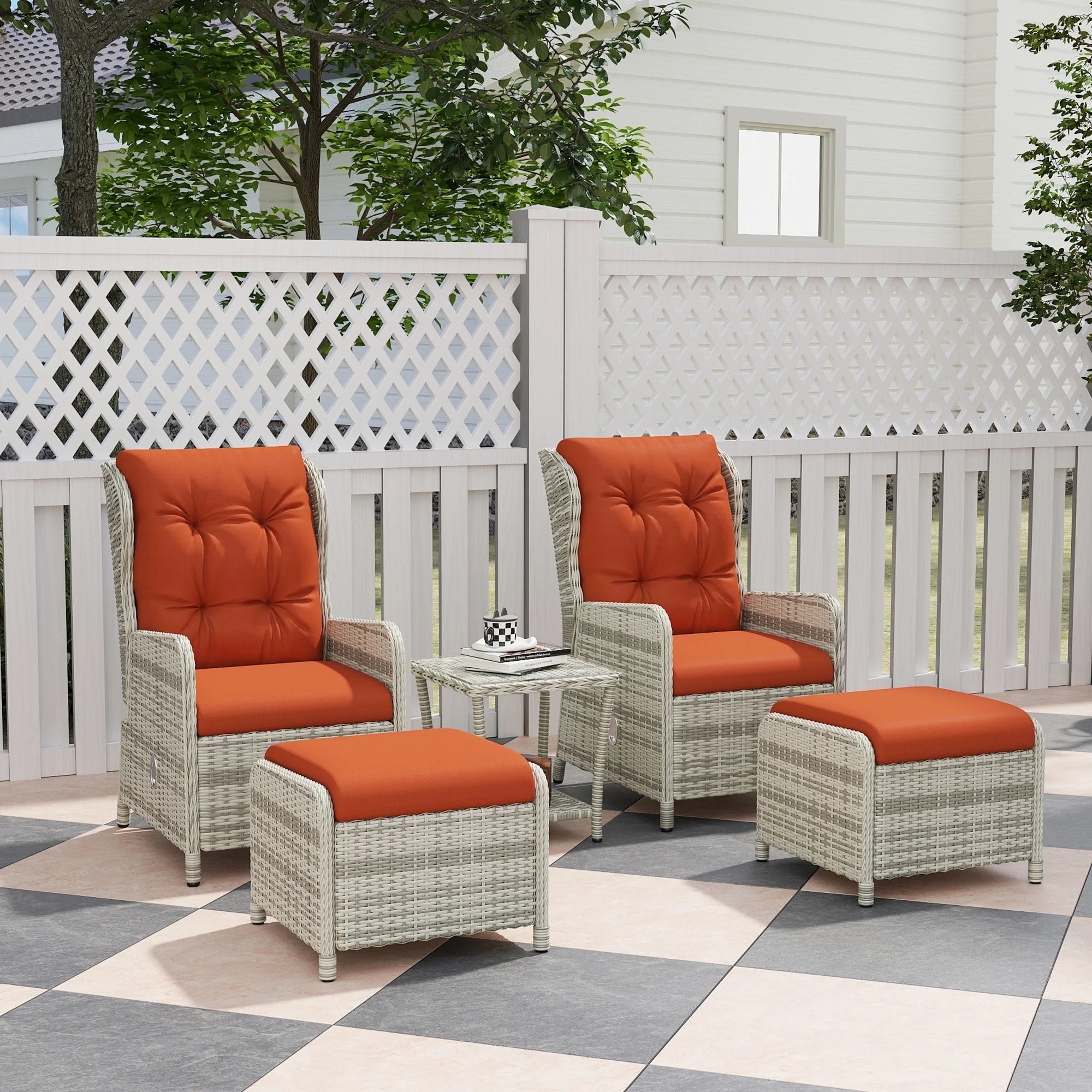 5 Piece Rattan Bistro Set 2 Reclining Armchairs 2 Footstools Glass Coffee Table Cushions for Garden Balcony