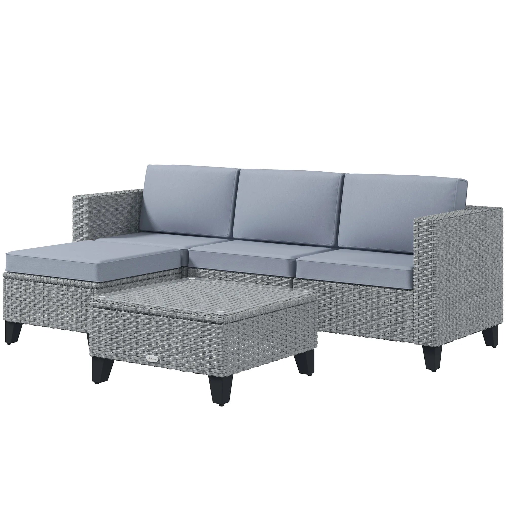 5-Piece PE Rattan Garden Corner Sofa Set with Glass Coffee Table and Footstool
