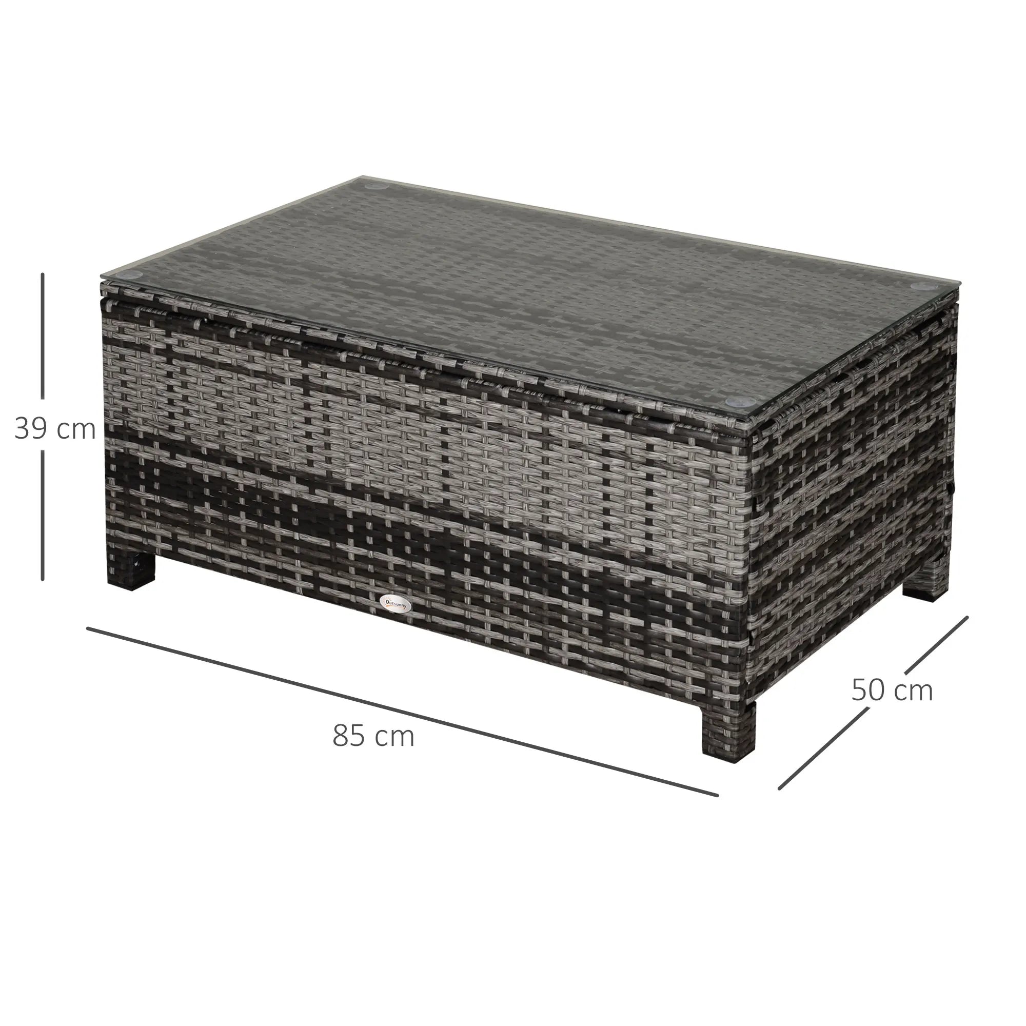 Rattan Outdoor Coffee Table with Glass Top Rectangular Garden Patio Table Grey
