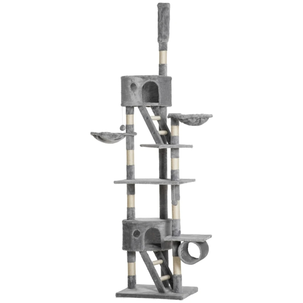 Floor to Ceiling Cat Tree 240-260cm Adjustable Height Light Grey Multi-Level for Indoor Cats