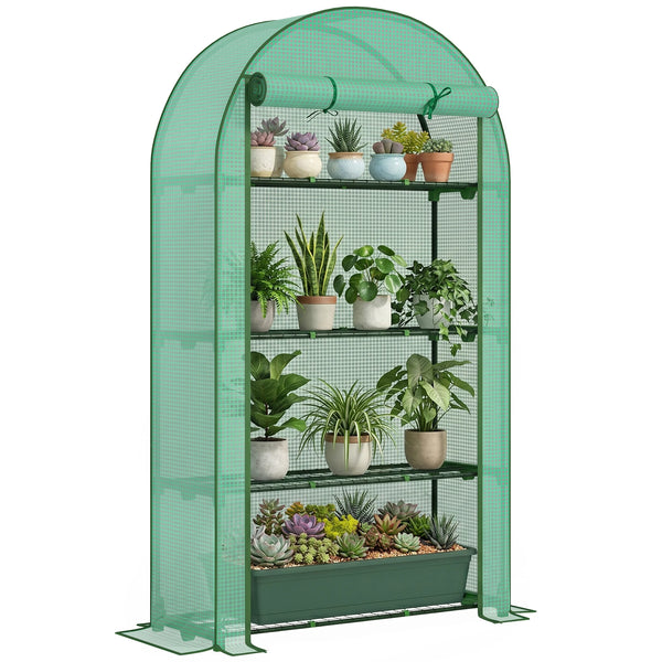 4 Tier Mini Greenhouse with Reinforced PE Cover, Roll-Up Door, Green