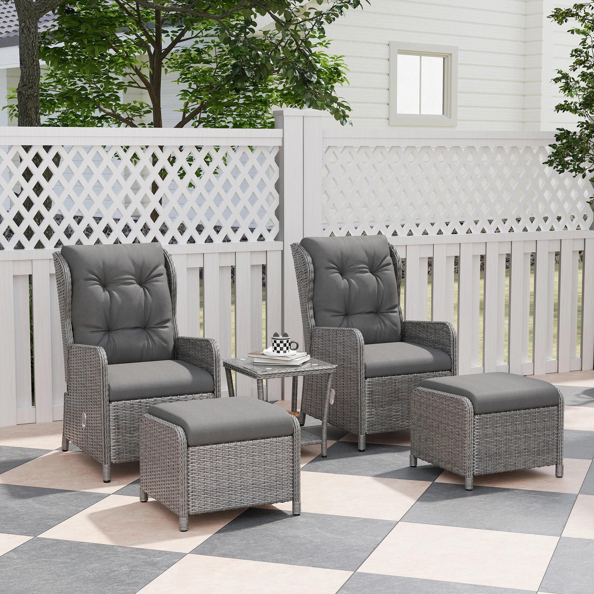 5 Piece Rattan Bistro Set 2 Reclining Armchairs 2 Footstools Glass Coffee Table Cushions for Garden Balcony